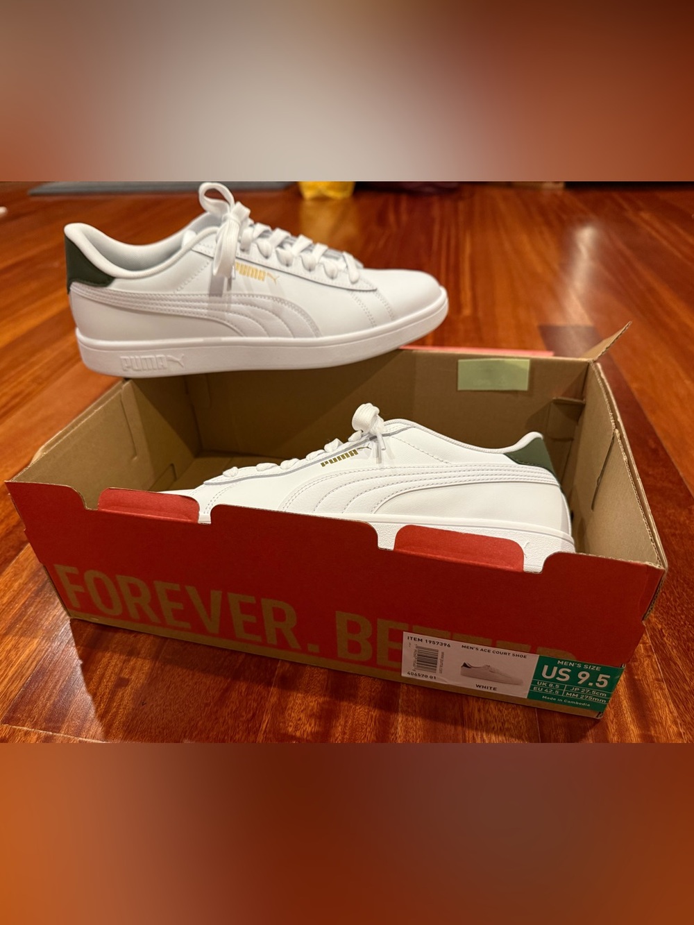 Puma - Men’s Ace Court Shoe - White with Olive Accents and Gold Logo - Size 9.5